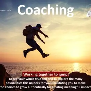 man with backpak jumping to other rock in front of sea and blue sky with setting sun