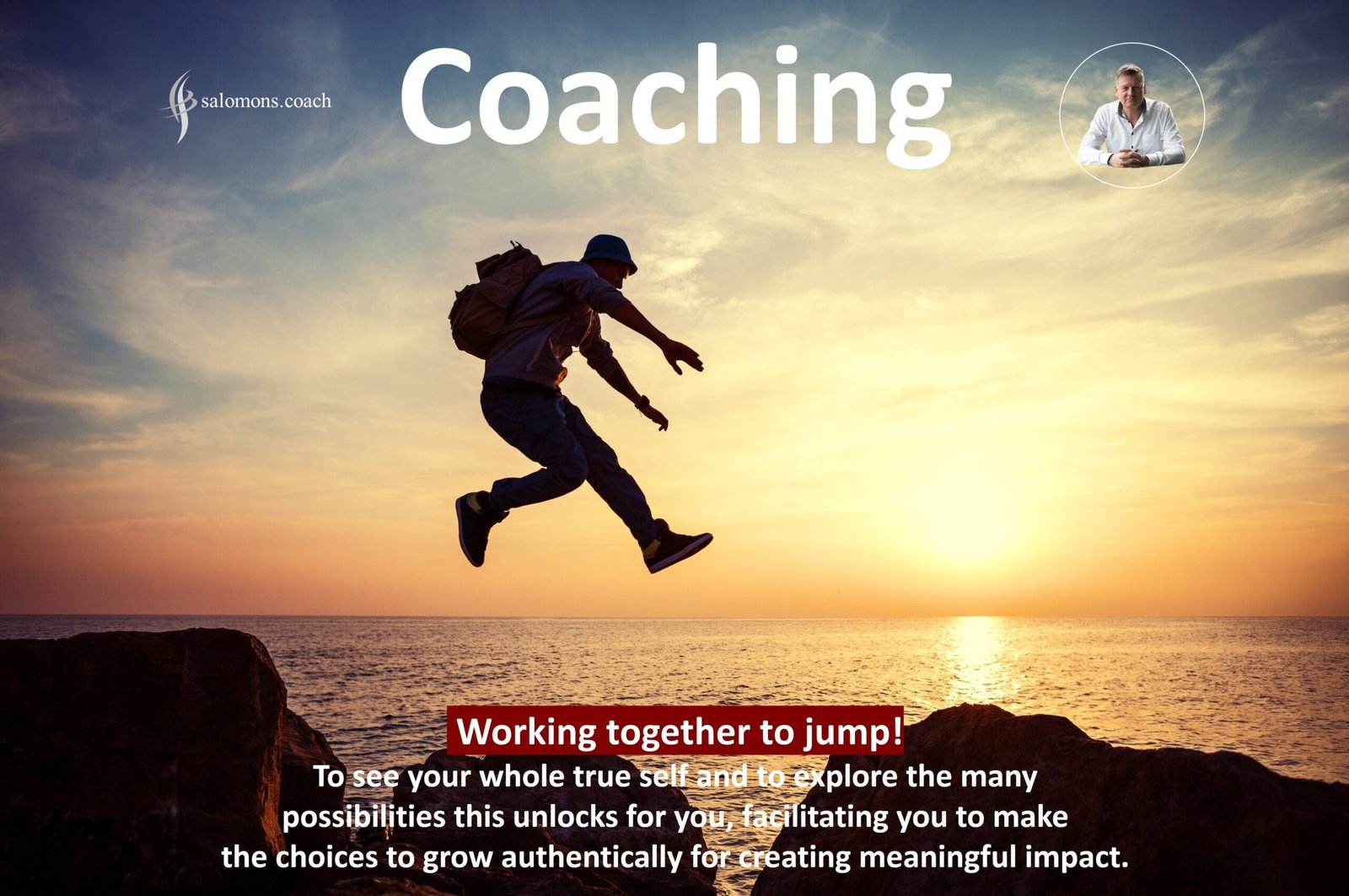 man with backpak jumping to other rock in front of sea and blue sky with setting sun