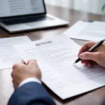 hand with pen correcting resume on a desk with laptop and other papers