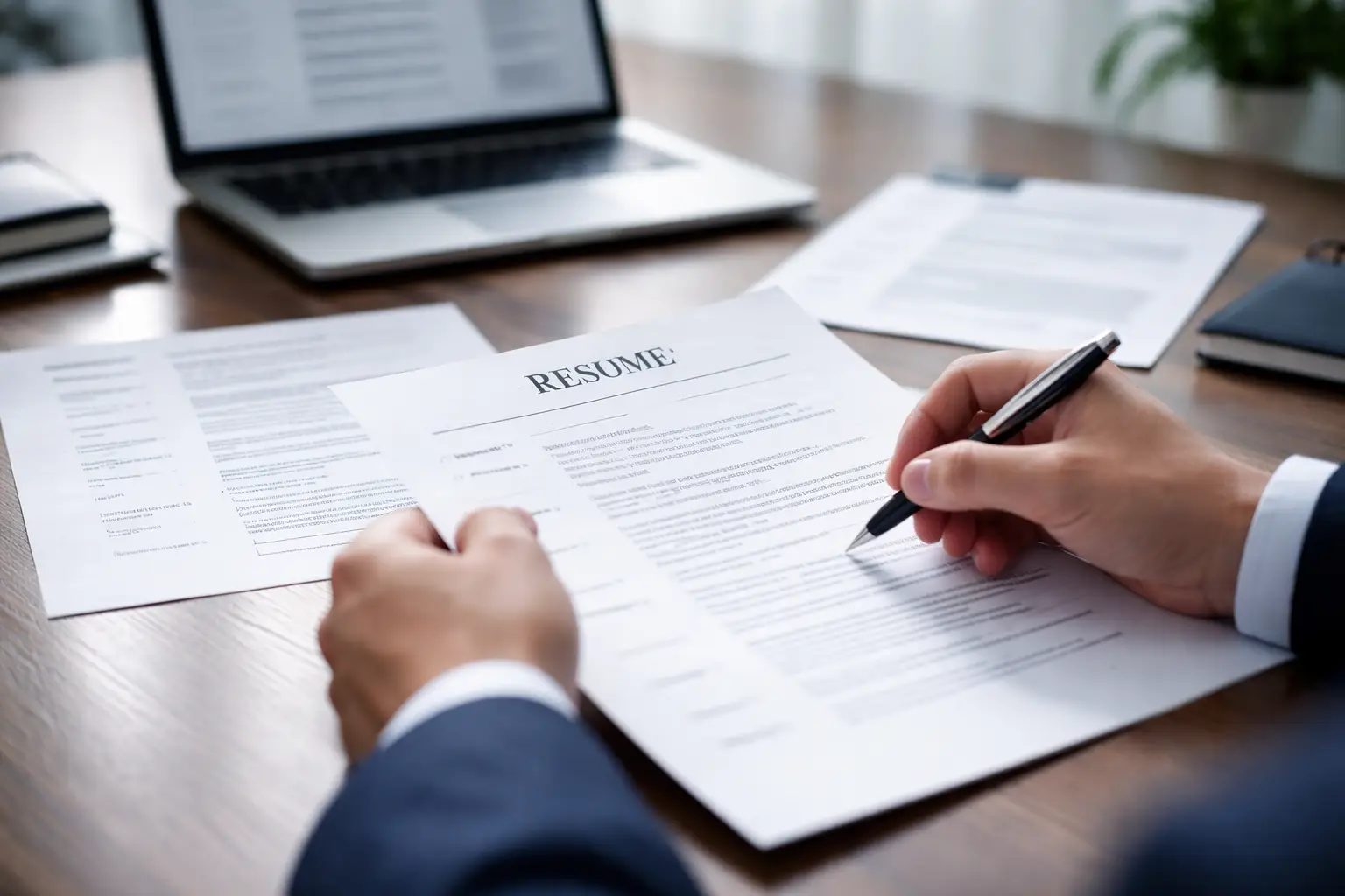 hand with pen correcting resume on a desk with laptop and other papers