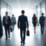 person walking in hallway with other people blurred