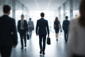 person walking in hallway with other people blurred