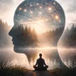 Man meditating is great nature with head with brains projected in the air