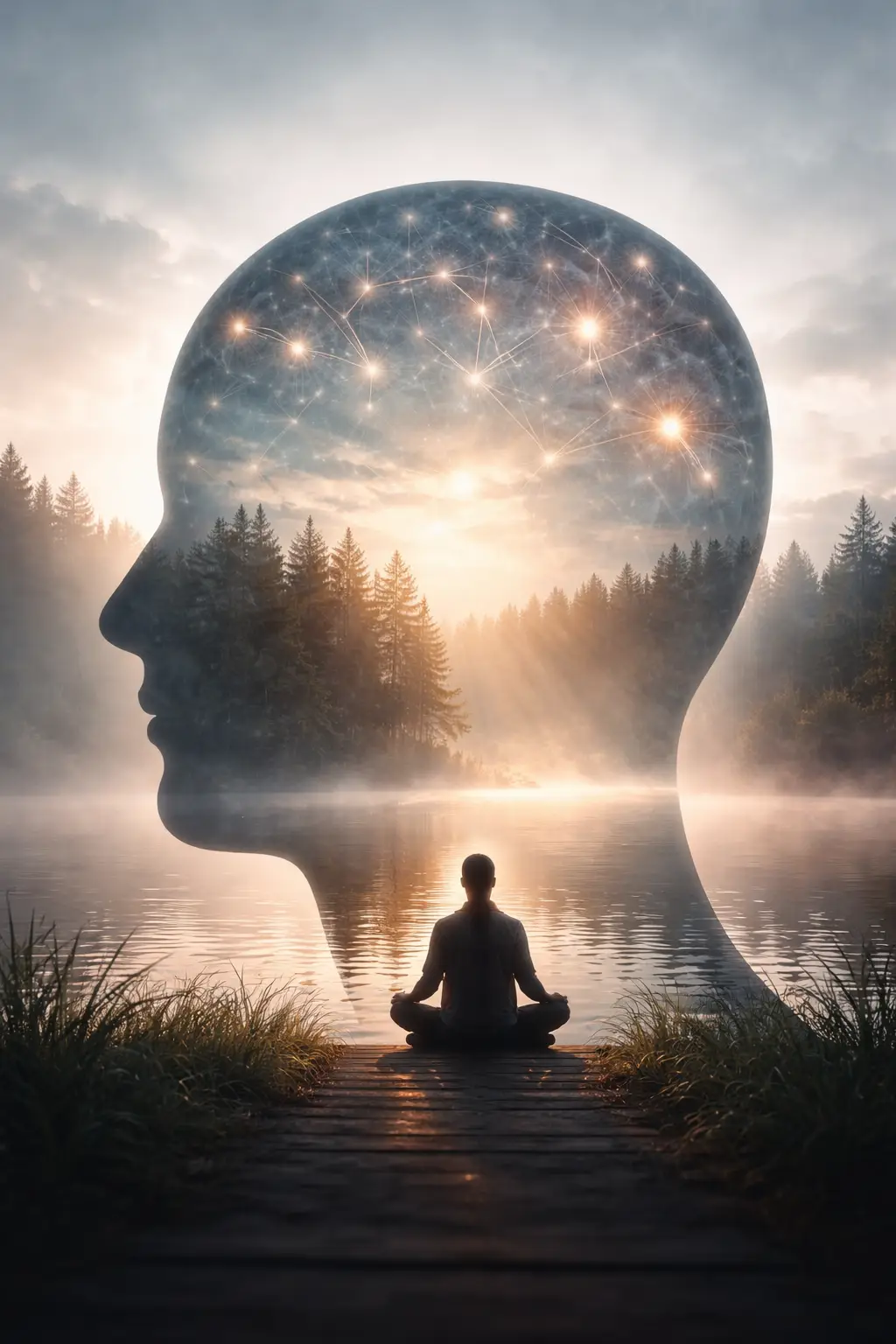 Man meditating is great nature with head with brains projected in the air