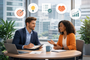 2 personen die een één-op-één gesprek voeren in een vergaderruimte achter een tafel met pictogrammen boven hun hoofd die inhoudscomponenten illustreren