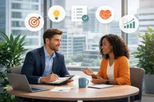 2 persons having a one-on-one conversation in a meeting room behind a table with icons above their heads illustrating content components
