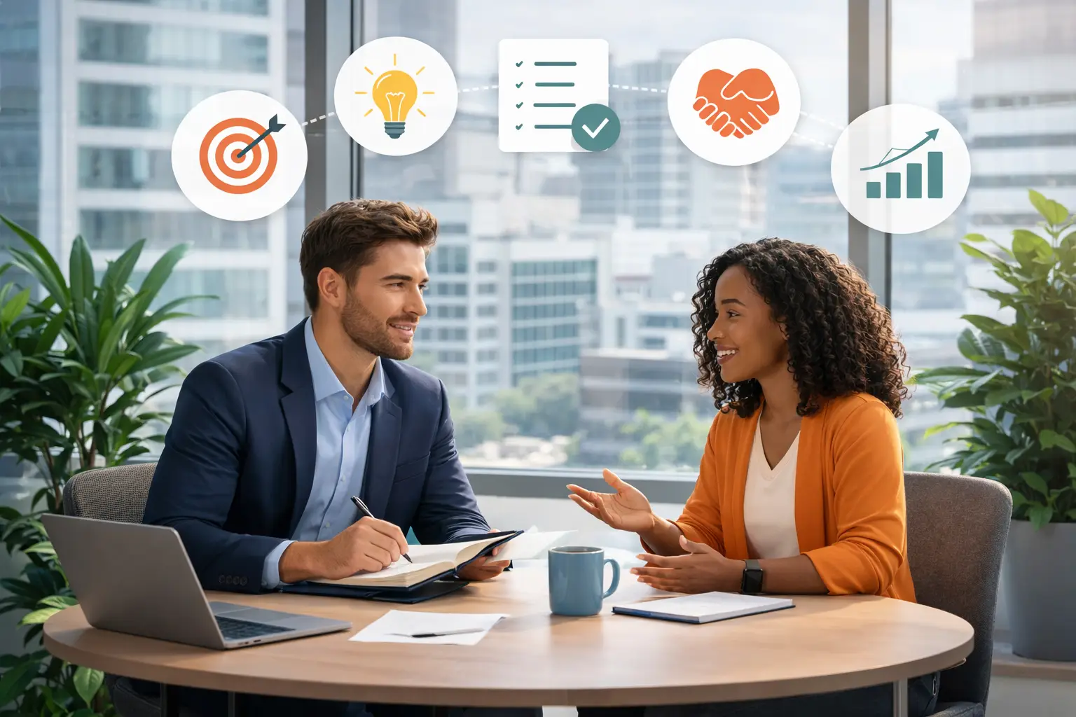 one-on0one conversation post picture - salomons.coach 2 persons having a one-on-one conversation in a meeting room behind a table with icons above their heads illustrating content components