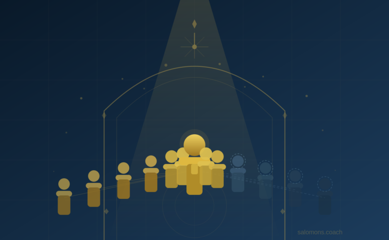 leading_in_waiting_room_salomons_coach - salomons.coach Abstract illustration of golden human figures forming a crowd under a spotlight inside a stylized arena.