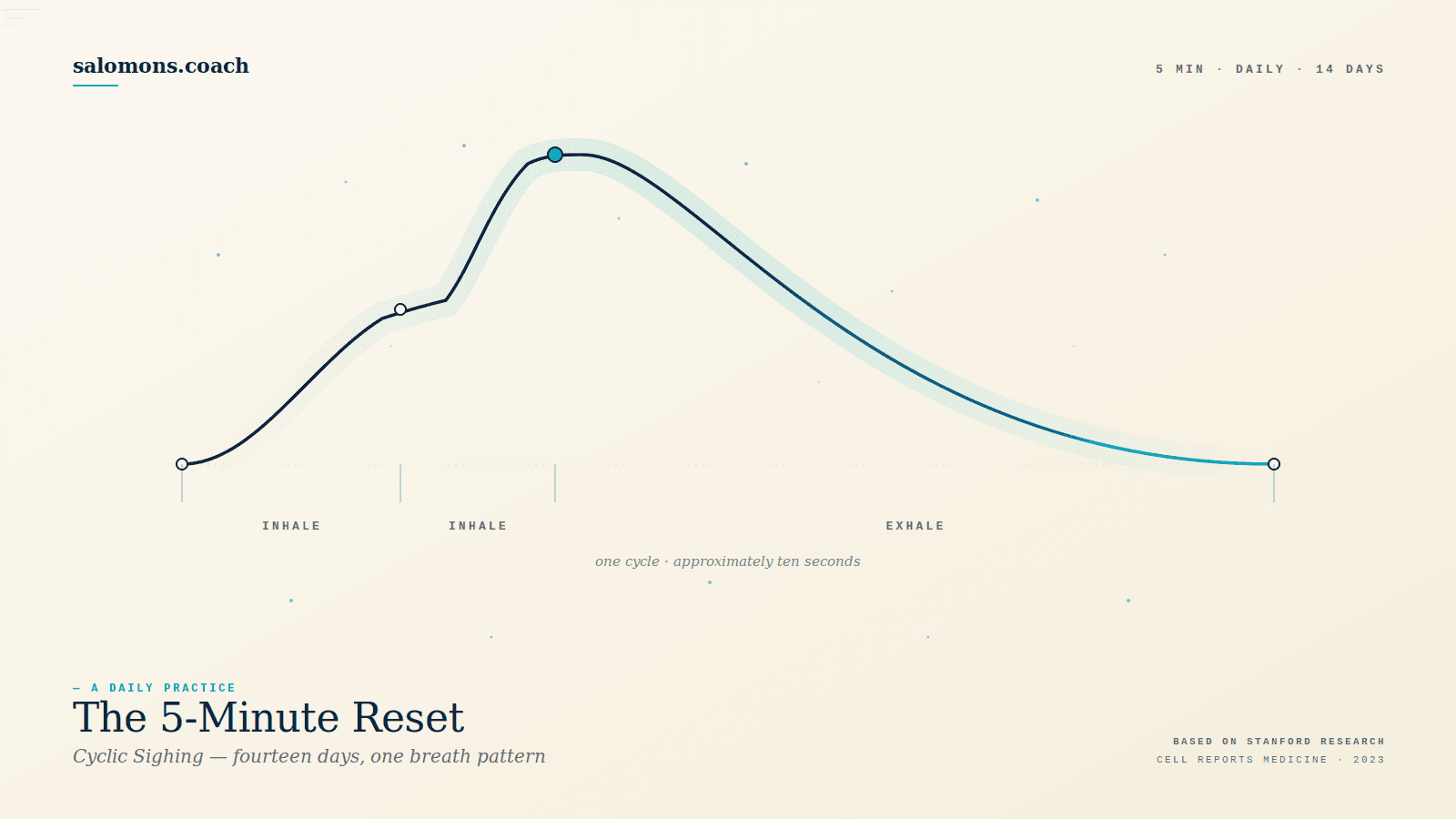 Infographic-style hero showing a breathing cycle graph with two curved lines and markers, labeled ‘INHALE’ and ‘EXHALE,’ on a pale background; includes the page title nearby: ‘The 5-Minute Reset’ with a subtitle about cyclic sighing and breath patterns.
