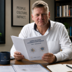 Man in a white shirt sits at a wooden desk, reading a report titled 'Cross-Cultural Leadership Intelligence' with a laptop and a dark mug nearby in a professional office.