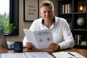 Man in a white shirt sits at a wooden desk, reading a report titled 'Cross-Cultural Leadership Intelligence' with a laptop and a dark mug nearby in a professional office.