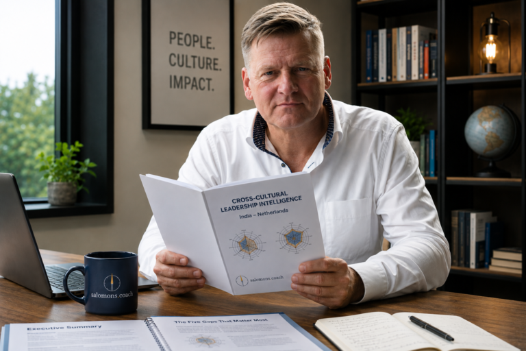 CCLC User Guide Cover Picture - salomons.coach Man in a white shirt sits at a wooden desk, reading a report titled 'Cross-Cultural Leadership Intelligence' with a laptop and a dark mug nearby in a professional office.