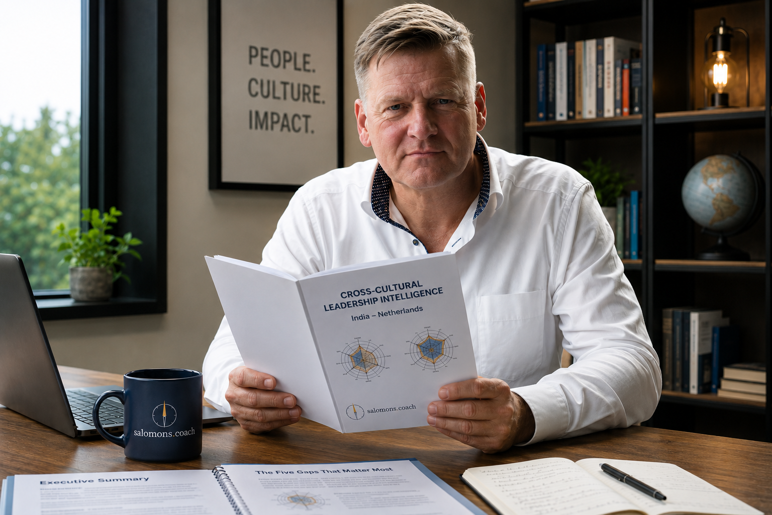 Man in a white shirt sits at a wooden desk, reading a report titled 'Cross-Cultural Leadership Intelligence' with a laptop and a dark mug nearby in a professional office.