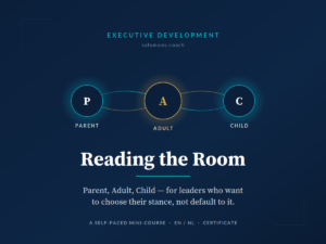 Diagram showing P, A, C nodes (Parent, Adult, Child) linked in a row on a dark blue background with the headline below.