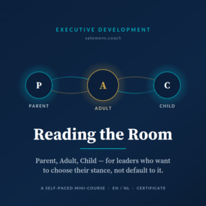Diagram showing P, A, C nodes (Parent, Adult, Child) linked in a row on a dark blue background with the headline below.