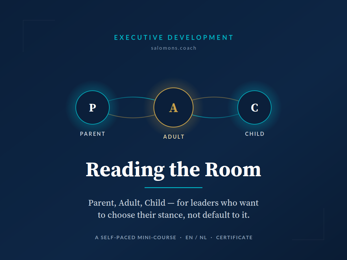 Diagram showing P, A, C nodes (Parent, Adult, Child) linked in a row on a dark blue background with the headline below.