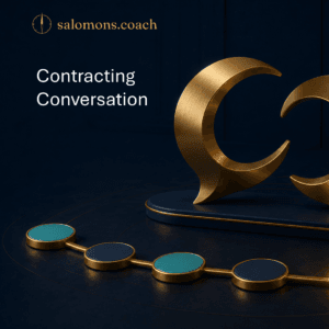 Salomons.coach branding with a gold abstract sculpture and the title 'Contracting Conversation' on a dark blue background