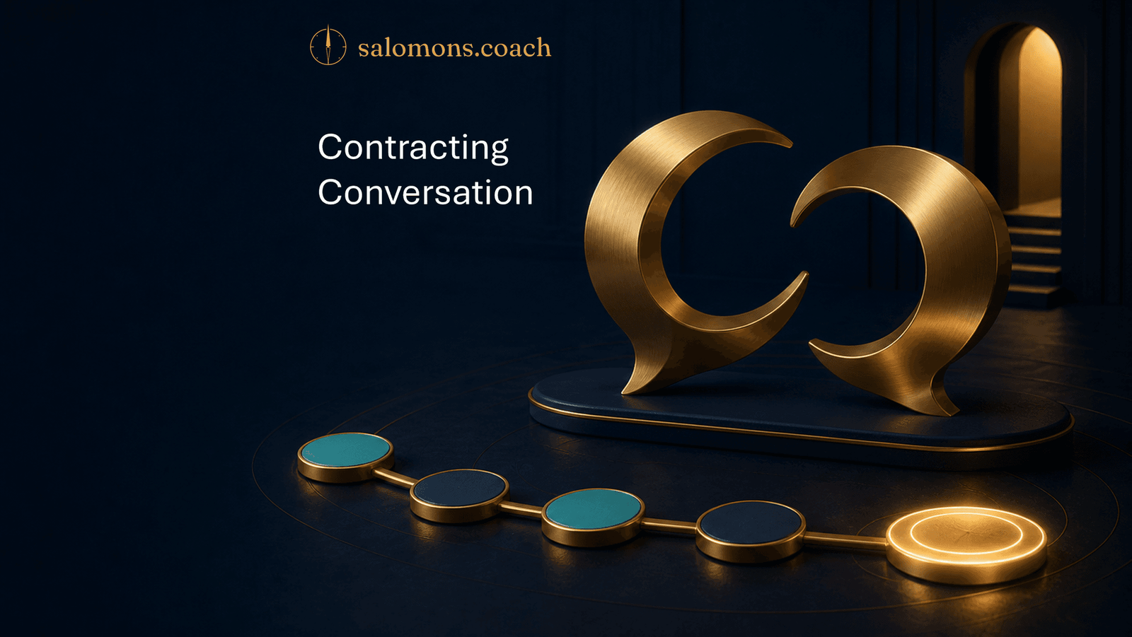 Contracting Conversation Product Hero incl tekst+logo - web gecomprimeerd - salomons.coach Salomons.coach branding met een gouden abstracte sculptuur en de titel 'Contracting Conversation' op een donkerblauwe achtergrond