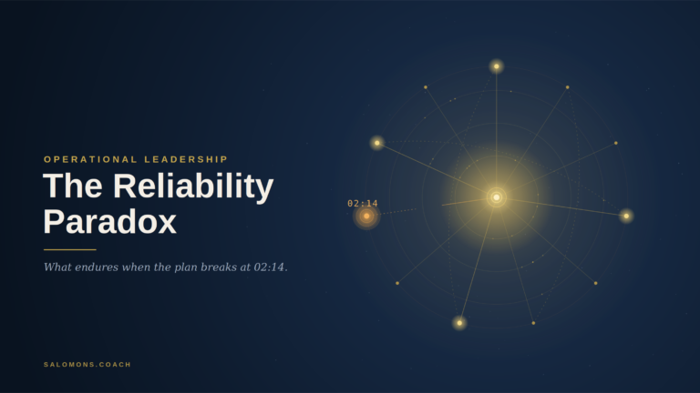 De betrouwbaarheidsparadox held 3000 - salomons.coach Reclamebanner voor 'The Reliability Paradox' met een donkerblauwe gradiënt, een links uitgelijnde titel met grote letters en een verlicht orbitale diagram aan de rechterkant.