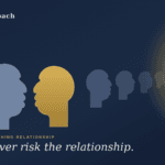 Silhouetted heads in a line with one highlighted gold figure and a glowing vertical bar, against a dark gradient background; text mentions AI and coaching relationships.