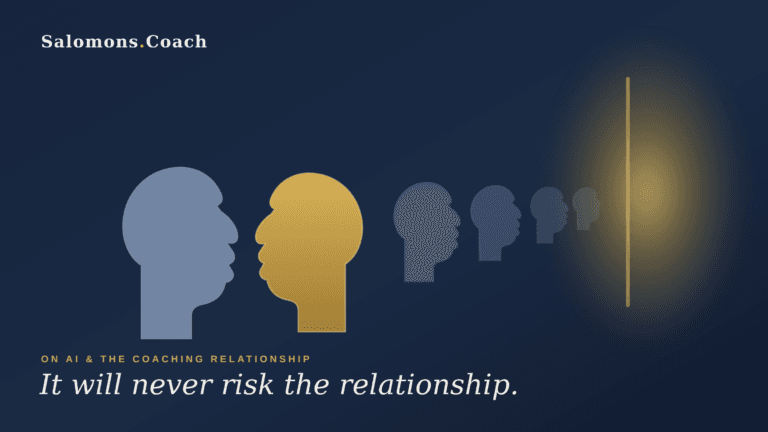 Silhouetted heads in a line with one highlighted gold figure and a glowing vertical bar, against a dark gradient background; text mentions AI and coaching relationships.
