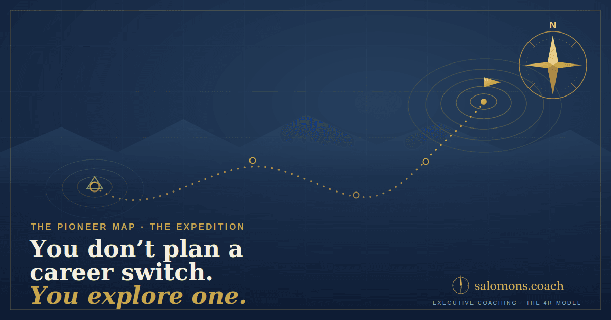 Blue gradient hero with a golden dotted path winding from left to right toward a compass on the right; headline reads 'You don’t plan a career switch. You explore one.'
