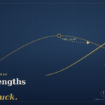 Een donkerblauwe professionele heldenafbeelding met twee gouden curves – groei en kracht – die elkaar kruisen, met een gelabeld punt 'The Leap' en de kop 'Je sterke punten zijn de reden dat je vastzit', plus het merk salomons.coach rechtsonder.
