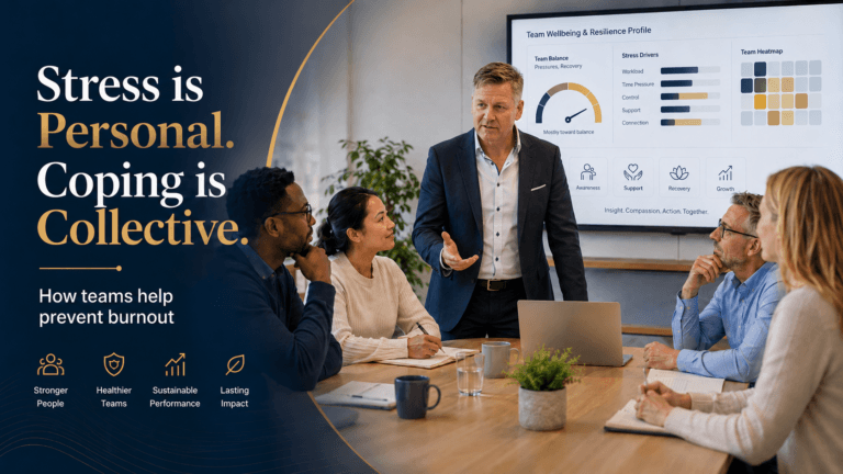 Promotional banner: ‘Stress is Personal. Coping is Collective.’ with a team meeting and presenter, emphasizing wellbeing at work.