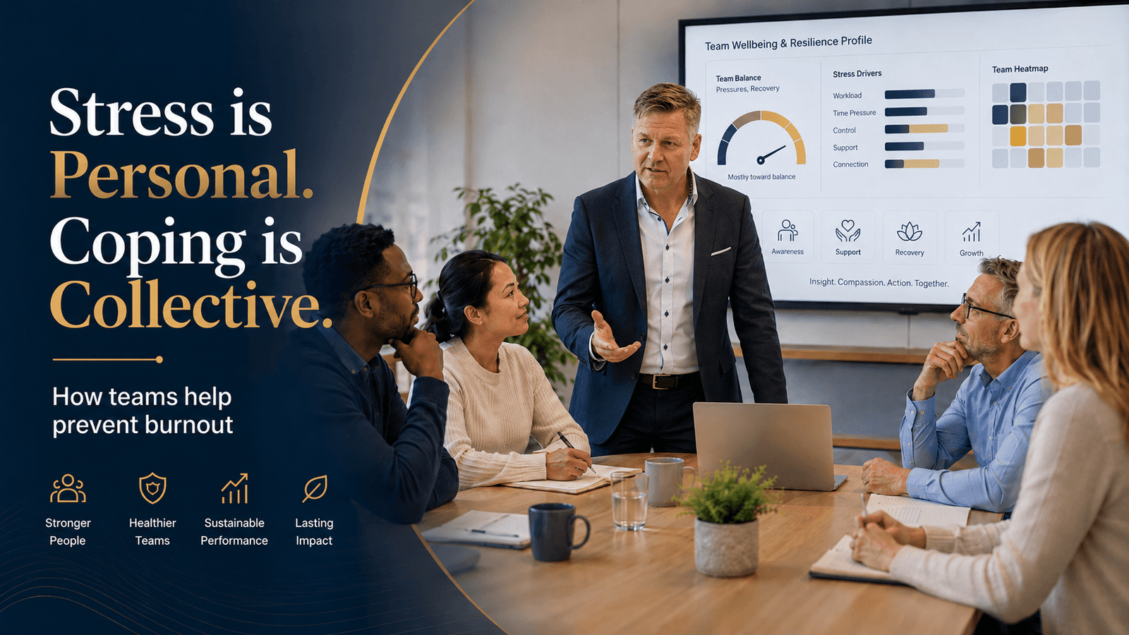 Promotionele banner: ‘Stress is Persoonlijk. Omgaan is Collectief.’ met een teamvergadering en presentator, met de nadruk op welzijn op het werk.