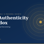 Hero banner with navy gradient: large white serif title 'The Authenticity Paradox' on the left, subtitle 'and the work of becoming' in italics, small gold decorative line, and the site 'salomons.coach' at the bottom left; right side features concentric gold rings and a dotted circular path with a gold center.