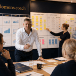 Team in a strategy workshop around a wall of charts and sticky notes