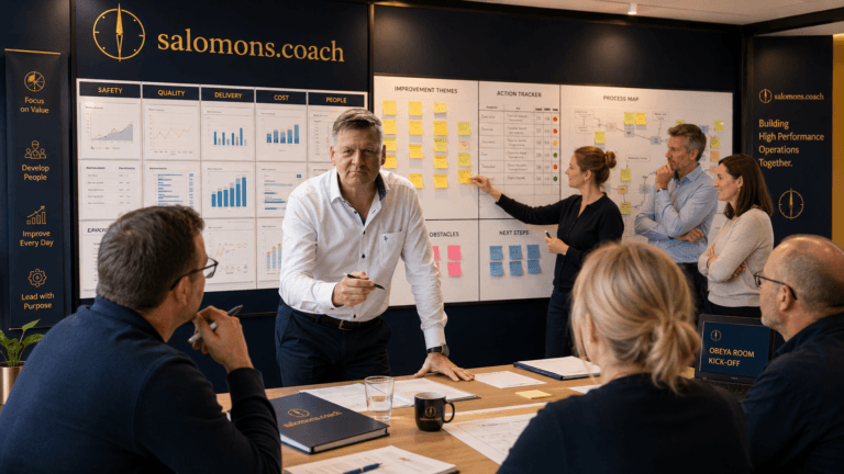 Team in een strategieworkshop rond een muur van grafieken en post-its