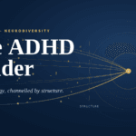 Blue gradient banner: 'The ADHD Leader' with gold dotted lines and circular tech-inspired design, subtitle: 'Scattered energy, channelled by structure.' site: salomons.coach