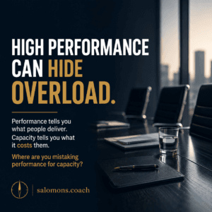 Poster-style image: 'HIGH PERFORMANCE CAN HIDE OVERLOAD.' with supporting text about performance vs capacity, bottom left logo and salomons.coach.