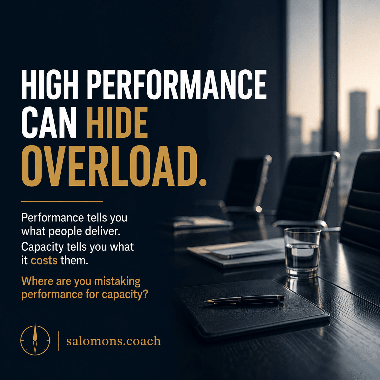 High performance can hide overload - salomons.coach Poster-style image: 'HIGH PERFORMANCE CAN HIDE OVERLOAD.' with supporting text about performance vs capacity, bottom left logo and salomons.coach.