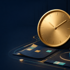 Golden analog clock surrounded by color swatches and design samples on a dark blue surface. Key elements: gold clock, color blocks, and circular accents on a modern design board.