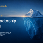 Leadership coaching banner: a giant iceberg halves above and below water with the title 'The Leadership Iceberg' and subtitle 'What really drives behaviour and communication?'