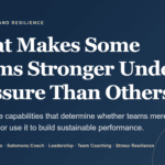 Title card: "What Makes Some Teams Stronger Under Pressure Than Others?" with a dark blue gradient background and small header "TEAM STRESS AND RESILIENCE" (logo: salomons.coach)
