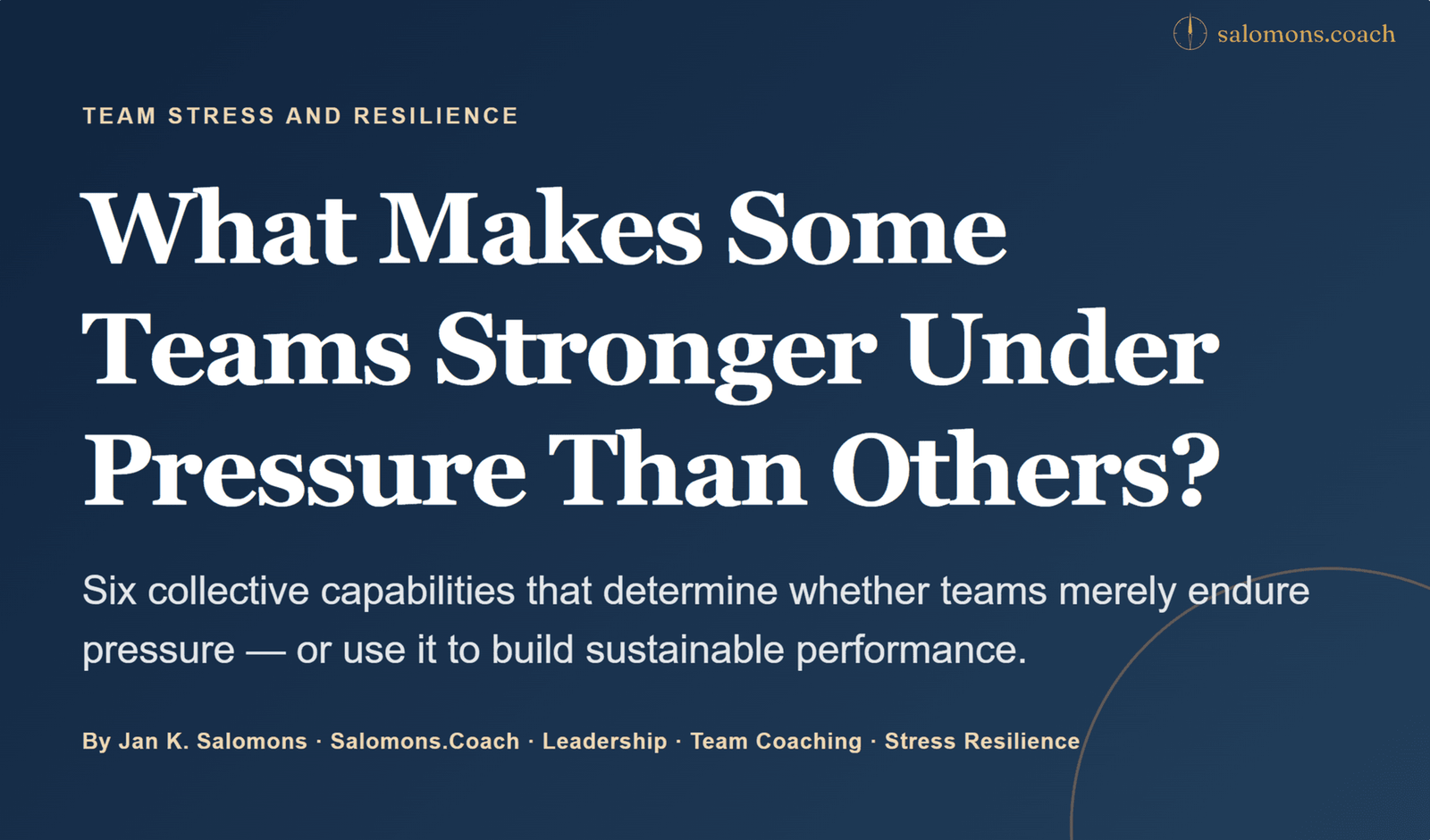 Tille What Makes Some Teams Stronger Under Pressure Than Others - salomons.coach Title card: "What Makes Some Teams Stronger Under Pressure Than Others?" with a dark blue gradient background and small header "TEAM STRESS AND RESILIENCE" (logo: salomons.coach)