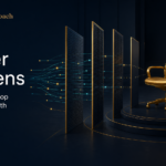 Dark blue stage scene showing a gold executive chair on a circular pedestal, facing gold-framed panels and glowing circuit lines, with the headline “Power Deafens: Why Leaders Stop Hearing the Truth.”