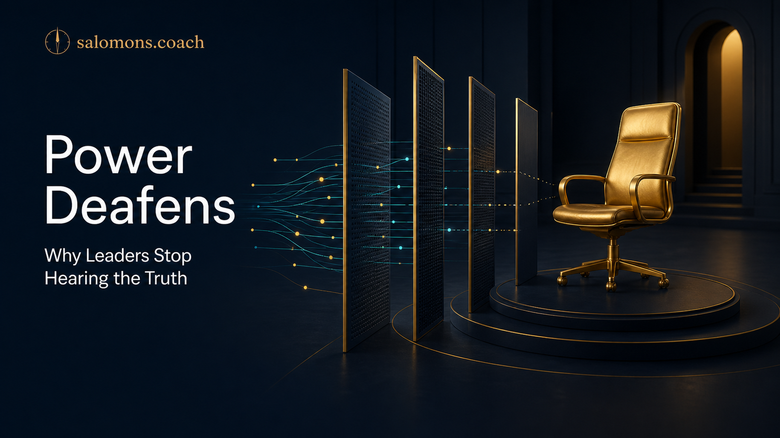 Dark blue stage scene showing a gold executive chair on a circular pedestal, facing gold-framed panels and glowing circuit lines, with the headline “Power Deafens: Why Leaders Stop Hearing the Truth.”