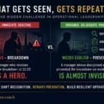 Infographic titled 'What gets seen, gets repeated' showing two columns: left red section 'Visible. Immediate. Reactive.' with a red alert siren, a worker on the phone, factory silhouettes, and a '22:00' breakdown; caption 'IS A HERO.' Right green section 'Invisible. Deliberate. Proactive.' with a worker at a laptop displaying a rising graph and icons labeled 'Identify risk', 'Address causes', 'Prevent failure'; caption 'WEEKS EARLIER – PREVENTION' and 'IS ALMOST INVISIBLE.' Bottom banner reads 'Shift recognition. Reward prevention. Build resilient operations.' and shows salomons.coach.
