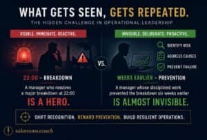 Firefighter vs pro-active leadership - salomons.coach Infographic titled 'What gets seen, gets repeated' showing two columns: left red section 'Visible. Immediate. Reactive.' with a red alert siren, a worker on the phone, factory silhouettes, and a '22:00' breakdown; caption 'IS A HERO.' Right green section 'Invisible. Deliberate. Proactive.' with a worker at a laptop displaying a rising graph and icons labeled 'Identify risk', 'Address causes', 'Prevent failure'; caption 'WEEKS EARLIER – PREVENTION' and 'IS ALMOST INVISIBLE.' Bottom banner reads 'Shift recognition. Reward prevention. Build resilient operations.' and shows salomons.coach.