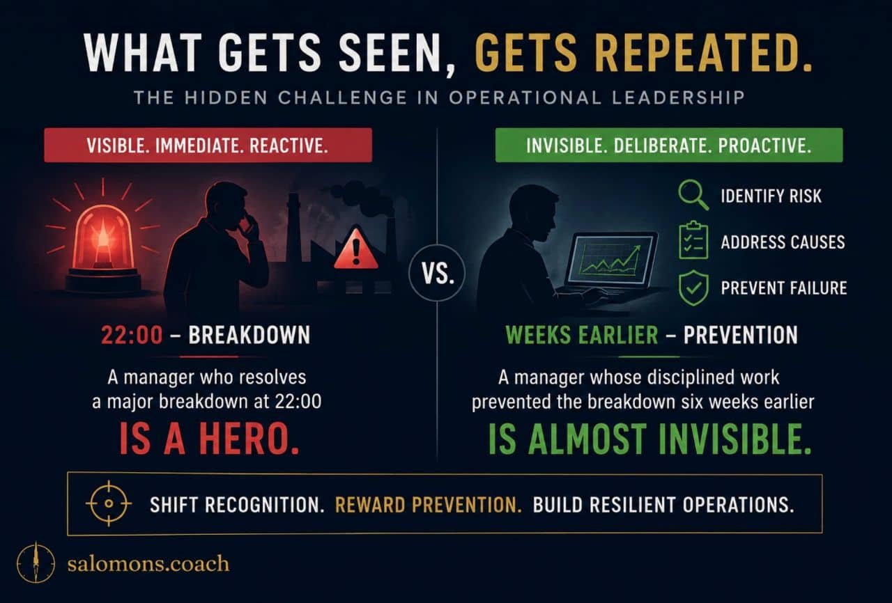 Firefighter vs pro-active leadership - salomons.coach Infographic titled 'What gets seen, gets repeated' showing two columns: left red section 'Visible. Immediate. Reactive.' with a red alert siren, a worker on the phone, factory silhouettes, and a '22:00' breakdown; caption 'IS A HERO.' Right green section 'Invisible. Deliberate. Proactive.' with a worker at a laptop displaying a rising graph and icons labeled 'Identify risk', 'Address causes', 'Prevent failure'; caption 'WEEKS EARLIER – PREVENTION' and 'IS ALMOST INVISIBLE.' Bottom banner reads 'Shift recognition. Reward prevention. Build resilient operations.' and shows salomons.coach.