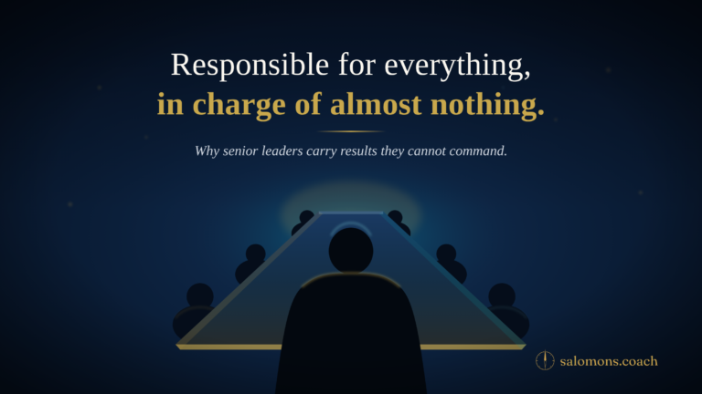 Hero with a night-blue gradient background displaying the quote “Responsible for everything, in charge of almost nothing” over a triangular platform of silhouettes; salomons.coach logo bottom right.