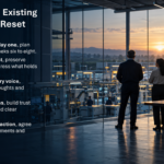 Slide with title 'New Leader, Existing Team, Team Reset' over a dark overlay; group of professionals by windows overlooking sunset; five outlined steps on left; Salomons Coach logo bottom left.