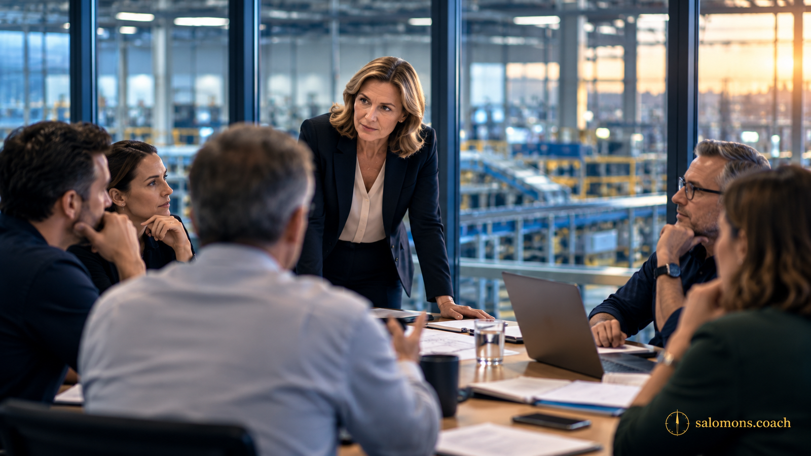 Businesswoman standing and presenting to colleagues around a glass-walled conference room table.